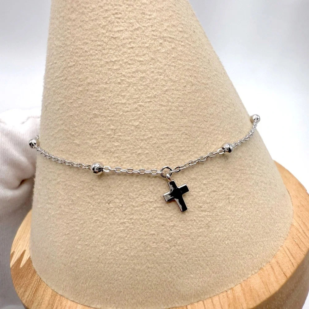 6.75” Dainty .925 Sterling Silver Dangle Eye, Cross and Hamsa Charm Bracelet